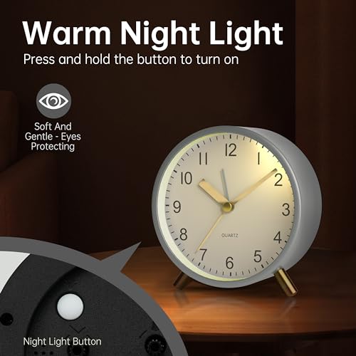 JALL Analog Alarm Clock, 4 inch Super Silent Non Ticking Small Clock with Night Light, Battery Operated, Simple Design, Easy Setting for Office, Bedroom, Bedside, Desk, Teens, Elders, Adult, White - color: White+gold