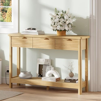 Fluted 47.2" Console Table with Outlets and USB C, Narrow Entryway Table with 3 Drawers, Boho Wood Sofa Table Behind Couch for Living Room, Natural Oak - color: Entryway Table-oak
