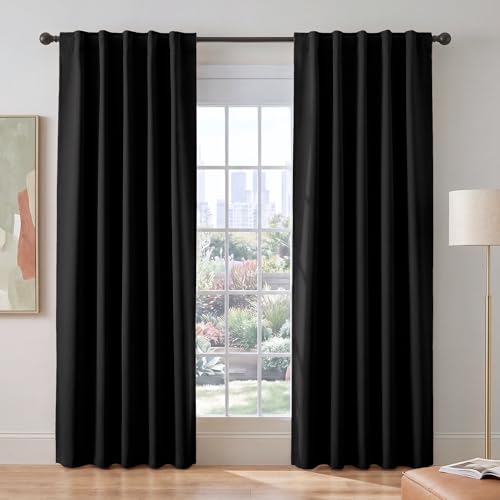 PONY DANCE Black Blackout Living Room Curtains 84 inches Long | Back Tab Thermal Insulated Black Out Window Drapes for Bedroom, Room Darkening Sliding Door Curtains 2 Panels Set, W42 x L84 - color: Black, size: 42"W x 84"L (Pack of 2)