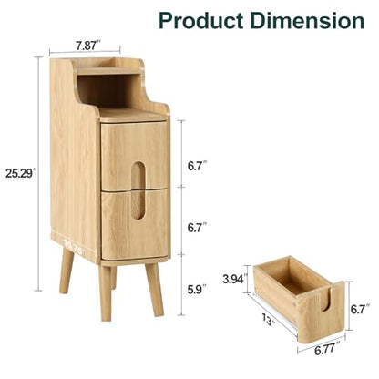 FurSch Narrow Nightstand, Wooden 2 Drawer, Natural, Set of 2 | Slim Side End Table, Skinny Bedside Table, Mid Century Modern, With Drawers for Bedroom - color: Natural 3-2 Pcs