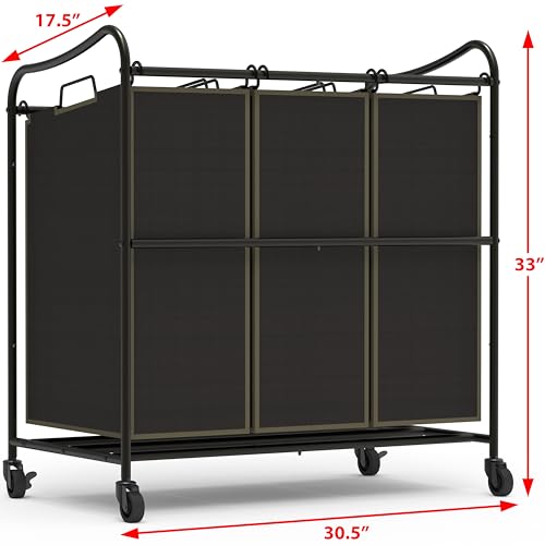 Simple Houseware Heavy Duty 3-Bag Laundry Sorter Rolling Cart, Bronze | Removable Bags and Lockable Wheels for Laundry Room Organization - color: Bronze