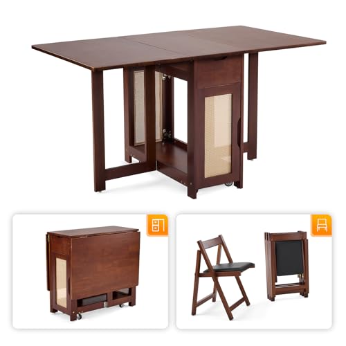 VINGLI Folding Dining Table Set Extendable Drop Leaf Solid Wood Foldable Table 5 Piece with 4 Chairs 2 Drawers and Wheels for Kitchen Space Saving,Walnut