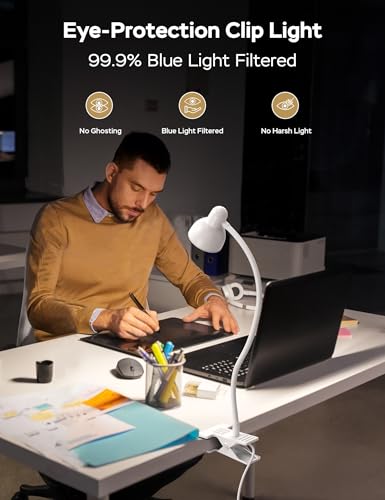 LiFMIRA Clip on Lamp USB Reading Light, Desk Lamp with Clamp White | 3 Color Modes, 10 Dimmable Brightness Eye Care Clamp Lamp with Flexible Gooseneck for Reading in Bed Desk Headboard Computer - color: White