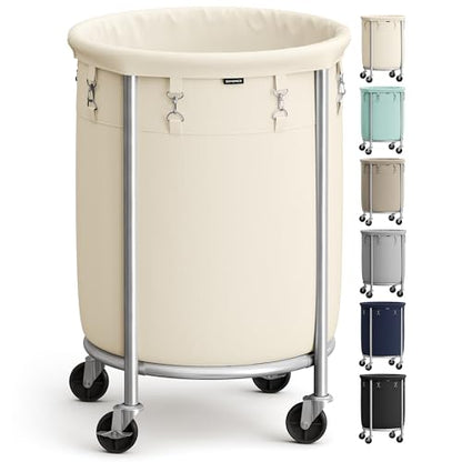 SONGMICS Laundry Basket, Rolling Steel Frame with 2 Locking Wheels, 110 L | Heavy-Duty Laundry Hamper Cart with Removable Bag, Cream White and Metallic Silver, URLS002W01 - color: Cream White + Metallic Silver, size: 110 L (1-Section)