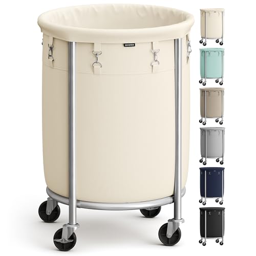 SONGMICS Laundry Basket, Rolling Steel Frame with 2 Locking Wheels, 110 L | Heavy-Duty Laundry Hamper Cart with Removable Bag, Cream White and Metallic Silver, URLS002W01 - color: Cream White + Metallic Silver, size: 110 L (1-Section)