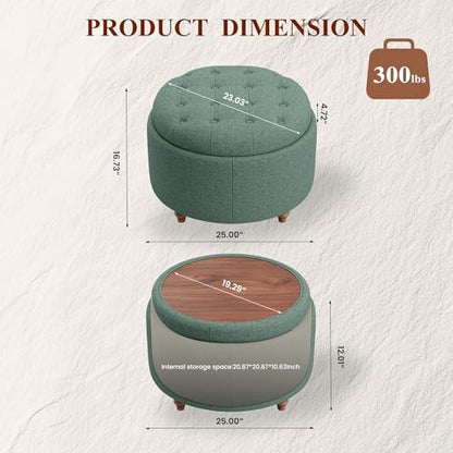 25" Round Ottoman with Storage, Small Coffee Table with Reversible Tray Lid | Tufted Fabric Round Storage Ottoman with Solid Wood Legs, 3-in-1 Footrest for Living Room, Bedroom, Entryway, Green - color: Green