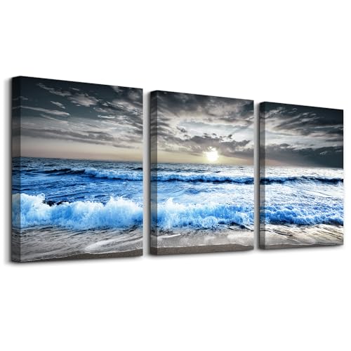 MHARTK66 Large Canvas Wall Art for Living Room, Bedroom, Office Decor - Blue Ocean Wave Seascape Pictures, Black and White Beach Painting - Modern Home Decorations - color: Blue Sea Waves Wall Painting, size: 20x28inches*3pcs