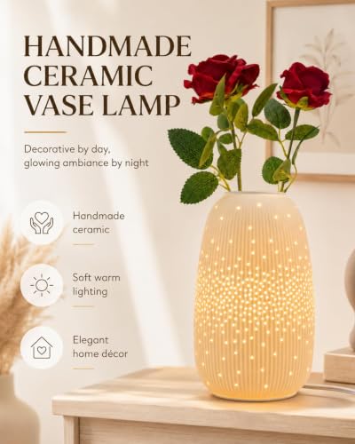 Ceramic Vase Table Lamp, 2700K Bulb & 3 Artificial Flowers Included | Handmade Openwork Craft - Inline Switch - E12 Socket - Starry 9.3" - style: Starry