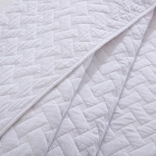 Wistown Cotton Bedspread Quilt Bedding Set, Queen Size, White | 3 Pieces Reversible Lightweight Soft Coverlets Comforters, All Seasons, Weave Stitching Pattern - color: White Weave Pattern, size: Queen (90 by 98inch)