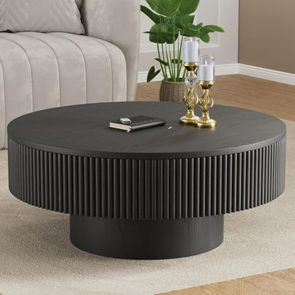 YOUDENOVA 35” Round Fluted Coffee Table, Modern Wood Circle Coffee Table, Veneer Handcrafted Relief Tea Table with Sturdy Pedestal for Living Room - Black - color: 35" Black-round