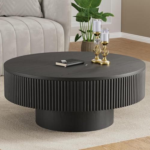 YOUDENOVA 35” Round Fluted Coffee Table, Modern Wood Circle Coffee Table, Veneer Handcrafted Relief Tea Table with Sturdy Pedestal for Living Room - Black - color: 35" Black-round