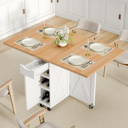 52.7" Folding Dining Table for 2-6, Easy Assembly, Oak+White | Folding Dining Table with 6 Wheels, Drop Leaf Table with Drawers, Shelves and Wine Rack for Small Spaces - color: Light Brown
