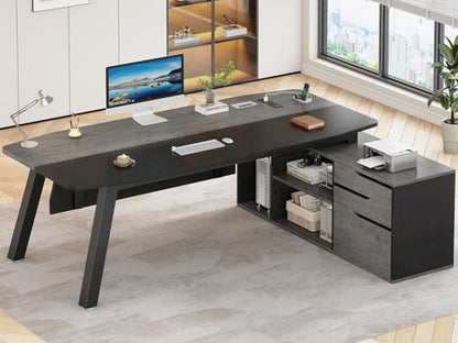 SEDETA 71" L Shaped Executive Desk with File Cabinet & Power Outlet | Computer Desk with 3 Storage Drawers, Adjustable Shelves, CPU Stand, Privacy Baffle, Modern Desk for Home Office, Gray - color: Grey