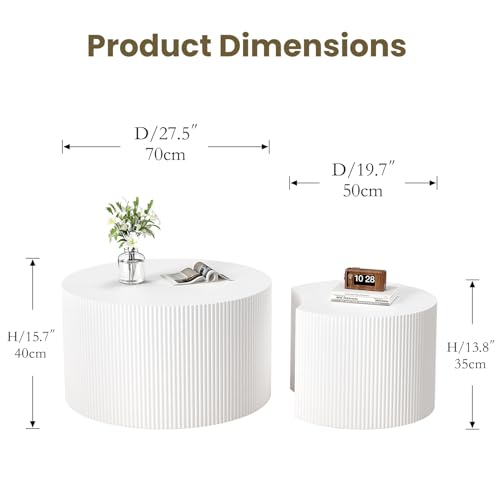 Nesting Coffee Table Set of 2, White 27.5" Round Coffee Table | Wood Fluted Design with Non-Slip Pad, Modern End Table Side Tables for Living Room Bedroom Balcony Yard - color: White 27.5"
