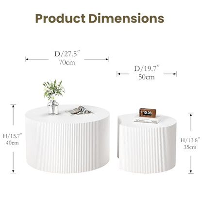 Nesting Coffee Table Set of 2, White 27.5" Round Coffee Table | Wood Fluted Design with Non-Slip Pad, Modern End Table Side Tables for Living Room Bedroom Balcony Yard - color: White 27.5"