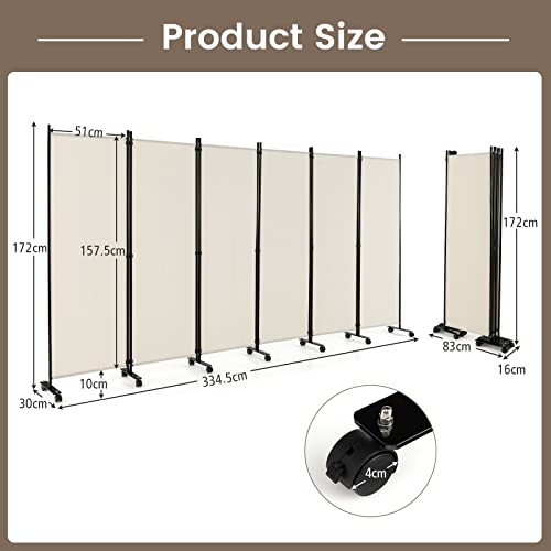 NAFORT 6 Panel Folding Room Divider for Room Separation, Freestanding Privacy Screen with Lockable Universal Wheels, Fabric Wall Partition Screen for Living Room, Bedroom, Office, White - color: White