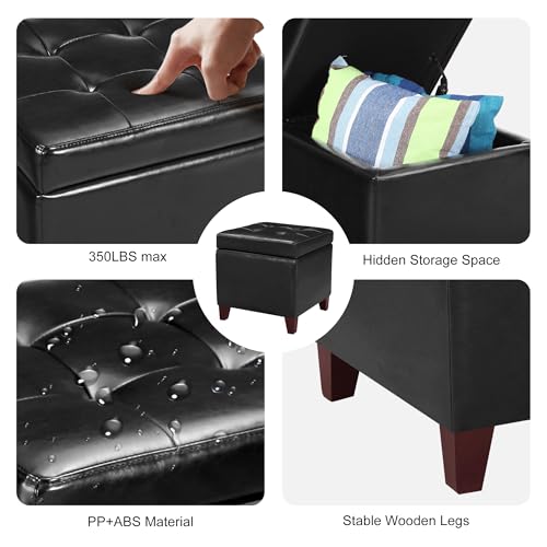 Storage Ottoman, 17" Fuax Leather Square Tufted Footrest Stool with Hinged Lid & Wooden Legs, Extra Seat or Coffee Table for Living Room, Bedroom, Entryway, Black - color: Black Leather