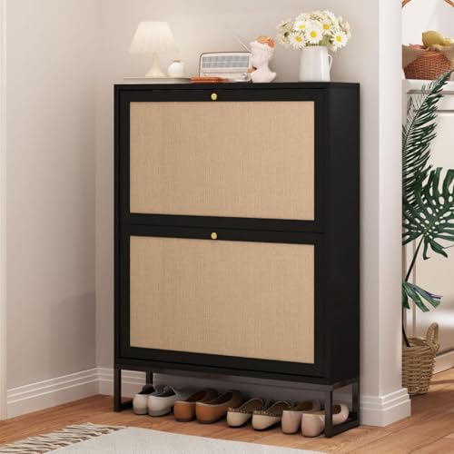 Narrow Shoe Cabinet with 2 Flip Drawer, Freestanding Shoe Organizer Shoe Cabinet Storage for Entryway, Slim Shoe Storage Shoe Rack for Closet with Linen Doors in Hallway, Living Room(Black) - color: Black, size: 2 Drawers Single Layer