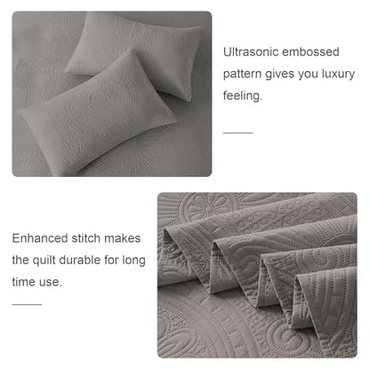 WURUIBO Full/Queen Quilt Set Grey,Ultrasonic Embossed Bedspread, Lightweight Microfiber Coverlet, Modern Thin Bedding Set for All Season, 3 Piece(1 Quilt,2 Pillow Shams) - color: Grey, size: Full/Queen(90"x96")