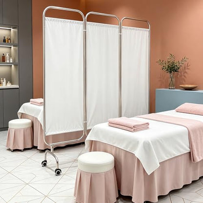 4-Panel Medical Privacy Screen, 79" W X 71" H Portable Room Divider with Lockable Wheels, Movable Stainless Steel Folding Room Partitions for Hospital, Clinic, Bedroom, Salon, White