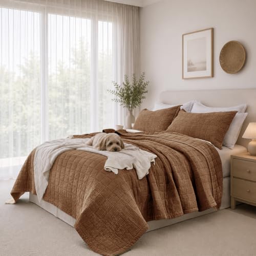 Pre-Washed Cotton California King Size Quilt Set Caramel | 106x118 Breathable Bedspread Coverlet,Waffle Textured Blanket,All Season Bedding Set,Fits King & Cal King,with 2 Pillow Shams - color: Caramel, size: Cal King-106x118