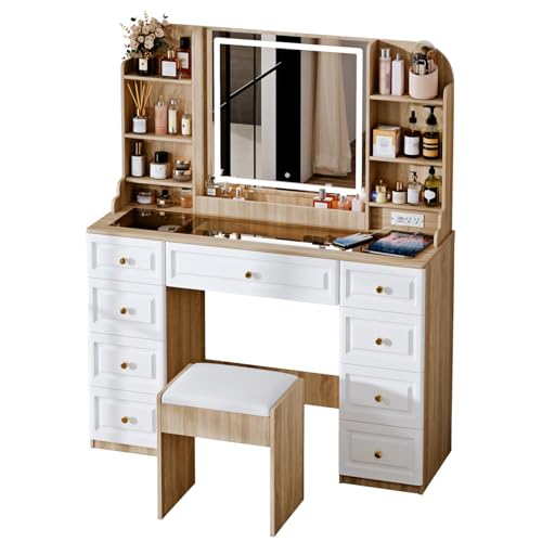 Arulvmrn 43" Makeup Vanity Desk with Mirror and Lights, & Power Outl, Glass Top Big Vanity Table with 9 Drawers& 8 Storage Shelves, Dressing Table Set with Chair for Bedroom, Oak - color: Oak