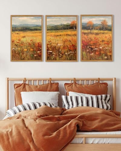 UPWOIGH Autumn Meadow Framed Wall Art, 16 x 24 Inch, Set of 3 | Golden Wildflower Meadow Prints, Warm Autumn Landscape Design, Light Wood Frames for Living Room, Dining Room and Office - color: Gold Autumn, size: 24"L x 16"W