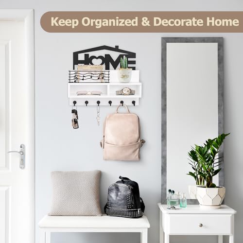 VIS'V Key Holder Wall Mount, Decorative Wood Mail and Key Organizer, White | Contains Iron Storage Basket, Small Shelf, 2 Compartments, 6 Hooks, for Entryway, Hallway, Doorway, Kitchen, Garage, RV - color: White