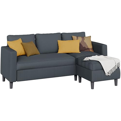 Shintenchi Small Convertible Sectional Couch with Movable Ottoman, 3 Seat L Shaped Sofa with Corduroy, Upholstered Sectional Sofa, Small Couches for Living Room, Apartments, Office (Dark Grey) - color: Dark Gray/Corduroy