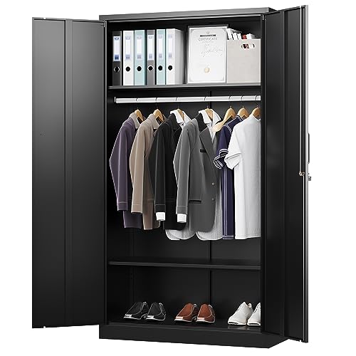 Metal Wardrobe Cabinets with Lock,Clothing Locker 72" X 36" X 18" Storage Cabinets for Home Room,Fire Department, School, Employee,Gym,Government (Black) - color: Black, size: 18"D x 36"W x 72"H
