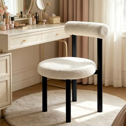 Cute Small Armless Desk Chair, Ergonomic Comfy Vanity Chairs Lumbar Support with Back for Makeup, Teddy Fabric Computer Desk Chair for Home, Bedroom, Vanity, Teens, Adults - color: Black and White