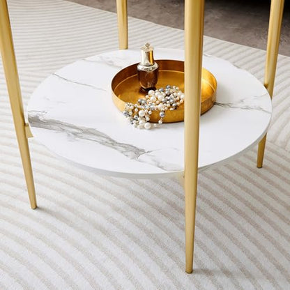 LumFurn D18in Round Glass End Table, Mid-Century Modern Side Table for Living Room, D18xH23inch, Clear Glass and White Marble MDF Wood, Gold Finish Frame - color: D18" Clear & White Marble