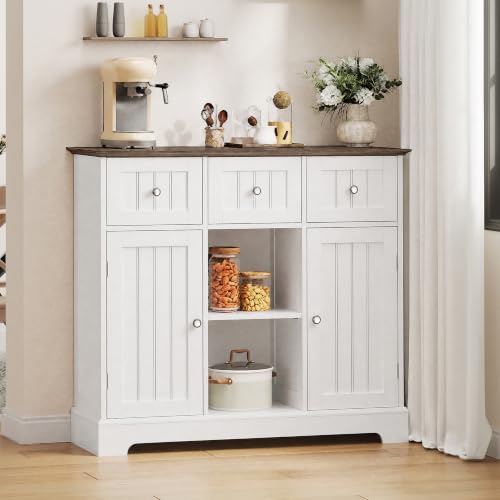 ChooChoo 35.4" Coffee Bar Cabinet with 3 Drawers and 2 Doors, White & Brown | Buffet Cabinet with Adjustable Shelves, Storage Cabinet for Compact Kitchens, Dining rooms and Living rooms - color: White & Brown