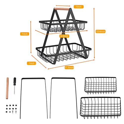 mahueeol 2-Tier Metal Fruit Basket for Kitchen Counter with Wooden Handle | Detachable rectangular baskets hold fruits, vegetables, bread and snacks; use stacked or separately in kitchens and pantries - color: Black