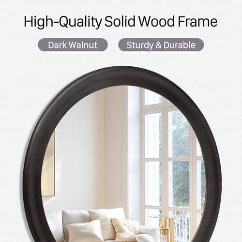 CULER Round Wall Mirrors 36 Inch,Wood Mirror with Walnut Frame for Bathroom | Decorative Farmhouse Mirror for wall,Hanging Vanity Mirror for Bedroom Living Room or Entryway（Dark Walnut） - color: Dark Walnut B, size: 36"L x 36"W