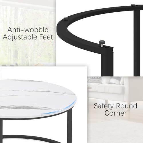 WiberWi Round Coffee Table Nesting Tables Set of 2, Large : Ø 33.5", Small : Ø 25.7", Modern Design Coffee Tables for Living Room, Metal Frame Circle Cocktail Table, High Glossy Faux White Marble - color: White Top&black Frame