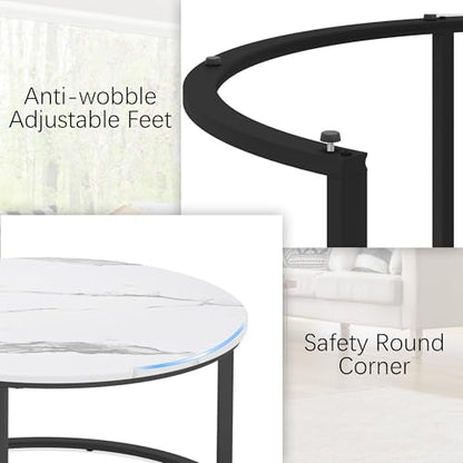 WiberWi Round Coffee Table Nesting Tables Set of 2, Large : Ø 33.5", Small : Ø 25.7", Modern Design Coffee Tables for Living Room, Metal Frame Circle Cocktail Table, High Glossy Faux White Marble - color: White Top&black Frame