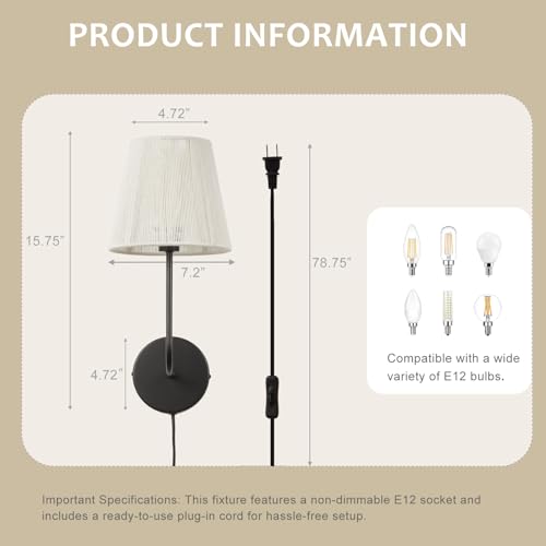 White Boho Wall Sconces Set of 2 | Plug-in Wall Light Black Finish with Natural Wicker Rattan Shade Hand Woven for Bedside, Living Room, Fireplace, Hallway - color: Black
