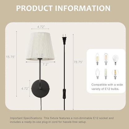 White Boho Wall Sconces Set of 2 | Plug-in Wall Light Black Finish with Natural Wicker Rattan Shade Hand Woven for Bedside, Living Room, Fireplace, Hallway - color: Black