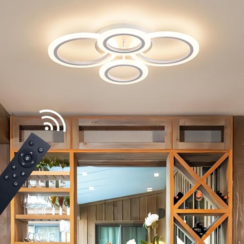 Shine LUEST 34W LED Ceiling Light with Remote, 3000-6000K Dimmable Modern Flush Mount Ceiling Lighting Fixture White 4 Rings Round Chandelier Ceiling Lamp for Small Room, Bedroom - color: White, 4 Rings