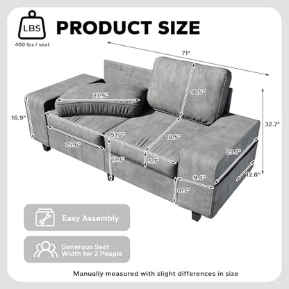 71" Chenille Loveseat Couch, 2 Seater Retro Sofa with 4 Side Pockets, Removable and Washable Cushions,Mid Century Modern, Living Room, Bedroom, Apartment (Light Grey) - color: Light Grey Chenille, size: 71 "