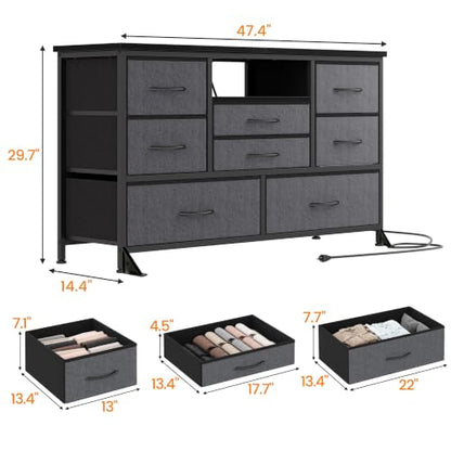 8-Drawer LED Dresser TV Stand with Power Outlet for 55'' TV - Wide Storage Chest for Bedroom, Living Room & Entryway, Wood Top Console Table with 22 Light Modes - color: Grey