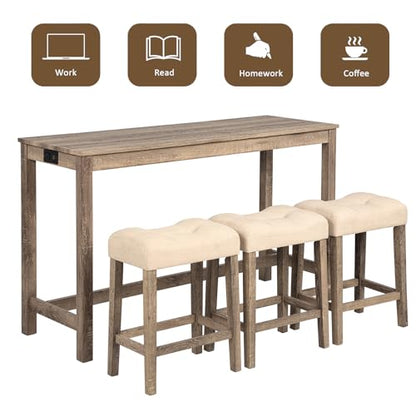 59" Counter Height Bar Table Set with Power Outlet, Industrial Breakfast Table with 3 Padded Stools, 4 Piece Bar Table and Chairs Set for Living Room, Dining Room, Brown - color: R1-brown