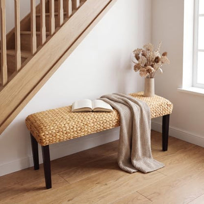 Solid Acacia Wood Entryway Bench with Water Hyacinth Woven Seat, Black Leg | Wicker Bench Indoor for Hallway, End of Bed, Rustic Farmhouse Boho Modern - color: Fishbone - Black Leg & Water Hyacinth