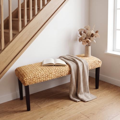 Solid Acacia Wood Entryway Bench with Water Hyacinth Woven Seat, Black Leg | Wicker Bench Indoor for Hallway, End of Bed, Rustic Farmhouse Boho Modern - color: Fishbone - Black Leg & Water Hyacinth