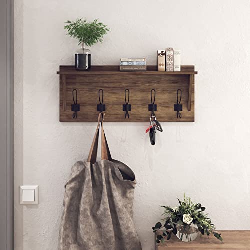 HBCY Creations Rustic Wall Mounted Coat Rack with Shelf - Solid Wood 24" Entryway Shelf with 5 Coat Hangers. Perfect Touch for Your Entryway, Mudroom, Kitchen, Bathroom and More, Weathered Brown - color: 5- Weathered Brown