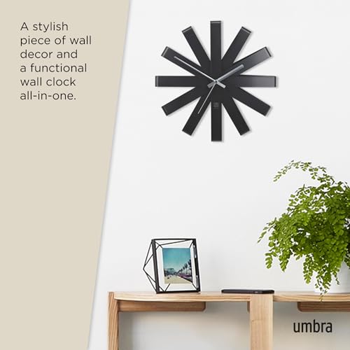Umbra Ribbon Modern 12" Wall Clock, Silent Non Ticking Battery Operated Quartz Movement, Black