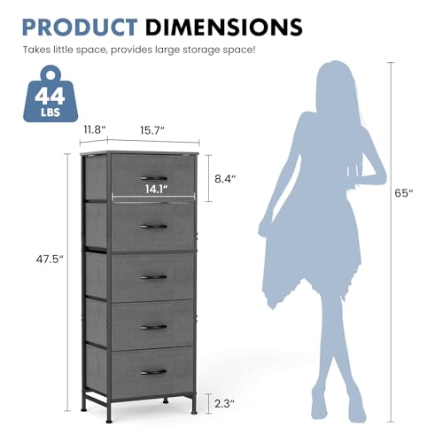 DUMOS Nightstand with 5 Drawers, Bedside Table with Removable Fabric Bins, Sturdy Steel Frame Wood Skinny Dresser Furniture for Bedroom Closet Living Room, Grey - color: Grey, size: 15.7"D x 11.8"W x 47.7"H (5 Drawers)