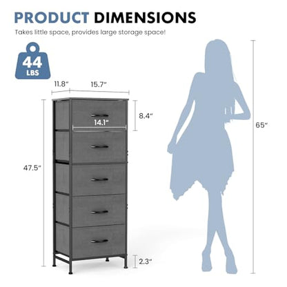 DUMOS Nightstand with 5 Drawers, Bedside Table with Removable Fabric Bins, Sturdy Steel Frame Wood Skinny Dresser Furniture for Bedroom Closet Living Room, Grey - color: Grey, size: 15.7"D x 11.8"W x 47.7"H (5 Drawers)
