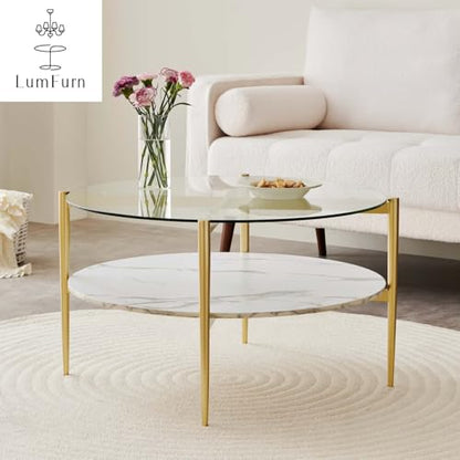LumFurn Round Coffee Table for Living Room, Mid-Century Modern Design, D30 x H17, 2-Tier Structure, Clear Glass Top and White Marble Finish Wood Shelf, Sleek Conical Metal Legs with Gold Finish Frame - color: D30" Clear & White Marble